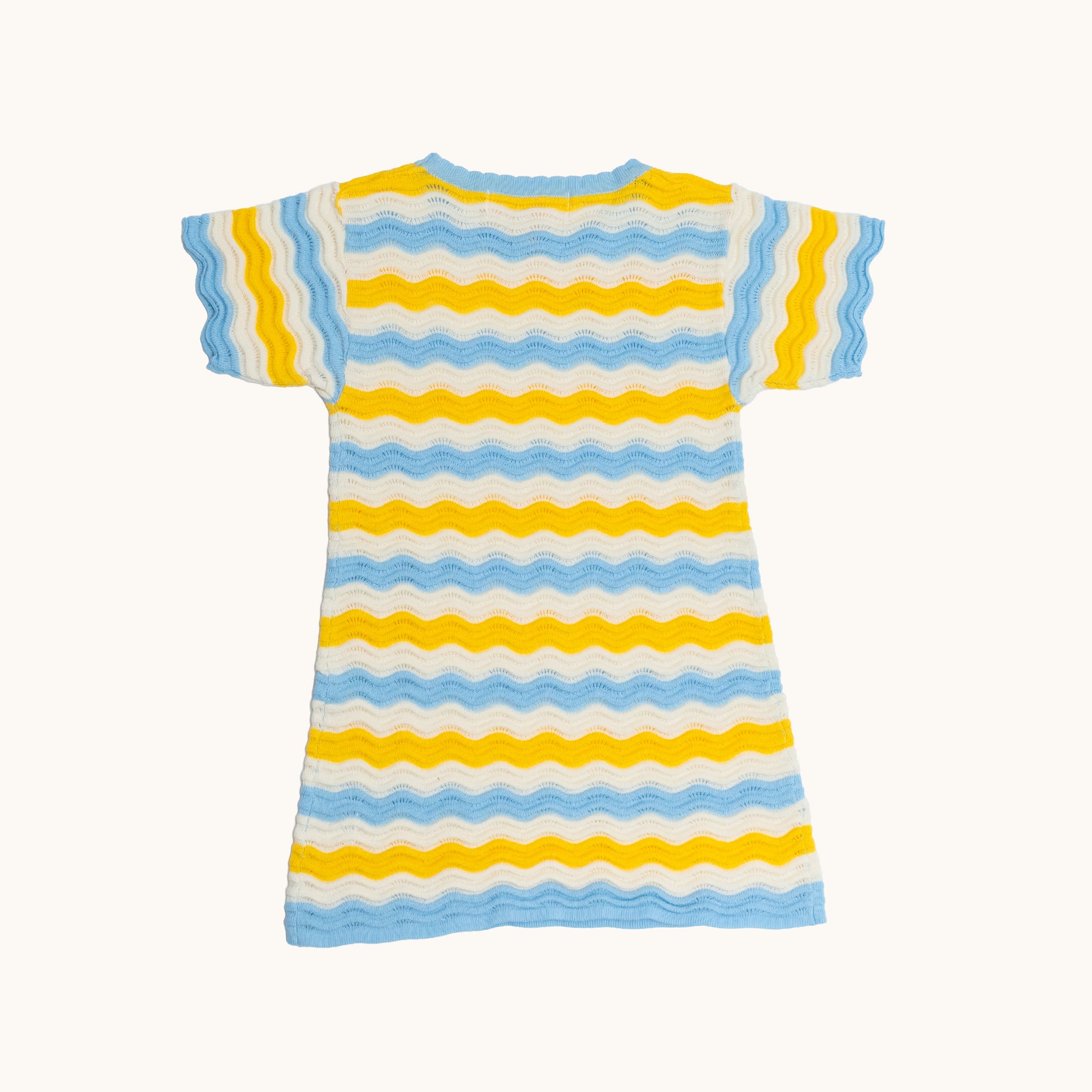 KNITTED WAVY SUMMER DRESS - YELLOW; 100% Organic Cotton; Summer Dress made from GOTS-certified organic cotton; Scalloped edge at cuffs; Rib finish at hem; Dropped shoulder.