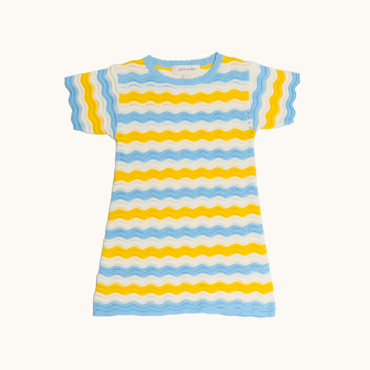 KNITTED WAVY SUMMER DRESS - YELLOW; 100% Organic Cotton; Summer Dress made from GOTS-certified organic cotton; Scalloped edge at cuffs; Rib finish at hem; Dropped shoulder.