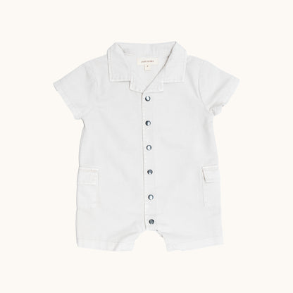 ORGANIC COLLAR JERSEY ROMPERS; 100% Organic Cotton Twill; Made from GOTS-certified organic cotton twill; Press snaps at front and crotch for easy dressing; Patch pockets at the sides; Relaxed fit. 