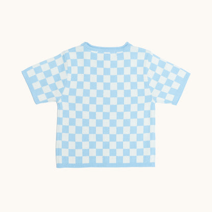 KNITTED CHECKERED ORGANIC TEE; 100% Organic Cotton; Made from GOTS-certified organic cotton; CHECKERED' Jacquard pattern; Rolled edge at the neck band; Rib finish at hem and cuffs; Dropped shoulder; Relaxed fit.