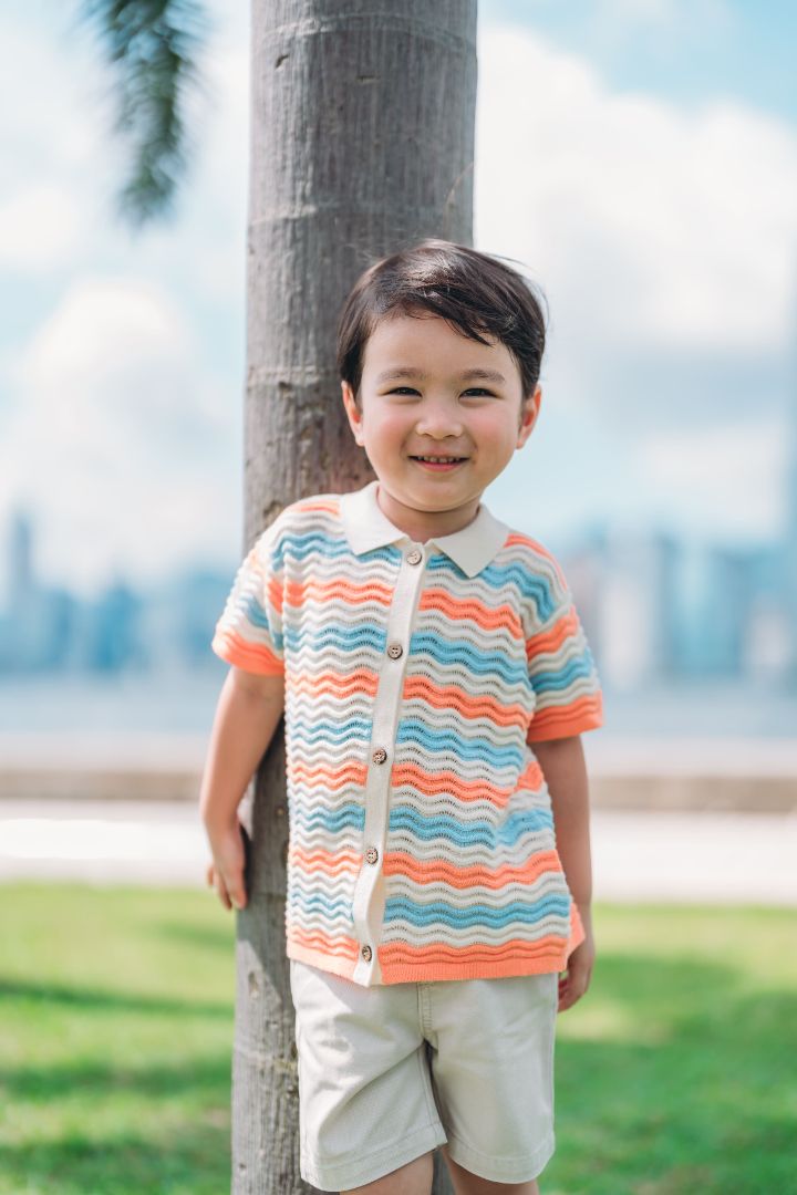 KNITTED WAVY SHORT-SLEEVED SHIRT TWINNING BUNDLE -  CORAL - Petit Smiles