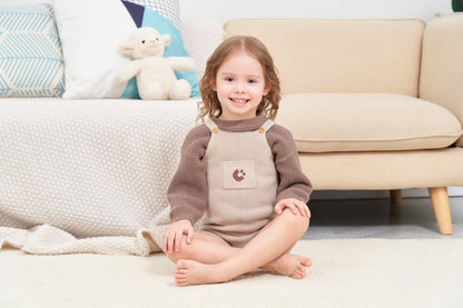 KNITTED CHOCO PULL OVER WITH BEIGE SINGLESUIT; 100% Organic Cotton; Pull Over made from GOTS-certified organic cotton; Rib finish at neck, cuffs and hem; Dropped shoulder; Relaxed fit.