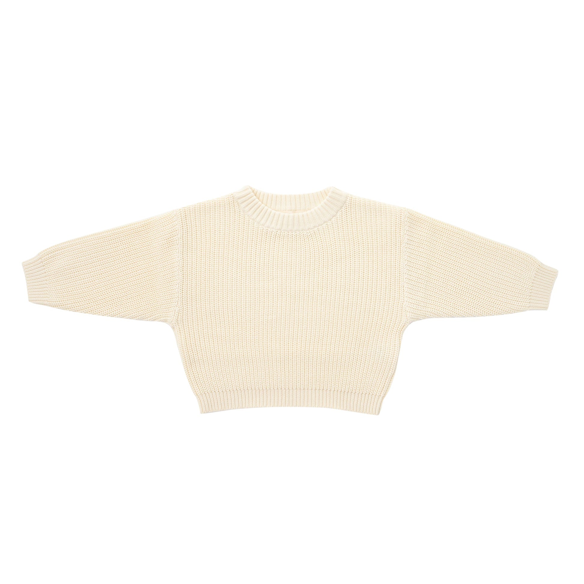 KNITTED CREAM PULL OVER WITH CHOCO SINGLESUIT; 100% Organic Cotton; Pull Over made from GOTS-certified organic cotton; Rib finish at neck, cuffs and hem; Dropped shoulder; Relaxed fit.