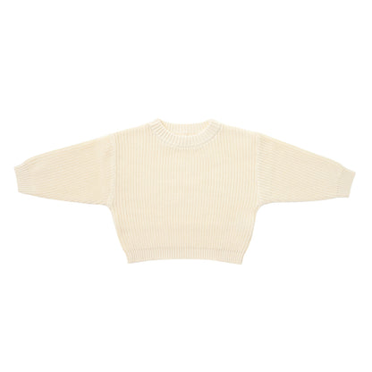 KNITTED CREAM PULL OVER WITH CHOCO SINGLESUIT; 100% Organic Cotton; Pull Over made from GOTS-certified organic cotton; Rib finish at neck, cuffs and hem; Dropped shoulder; Relaxed fit.