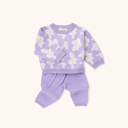 KNITTED SPOTS PULL OVER WITH PANT - TARO; 100% Organic Cotton; Jacquard Pull Over made from GOTS-certified organic cotton; 'Taro Spots' Jacquard pattern; Rib finish at neck, cuffs and hem; Dropped shoulder; Relaxed fit. 