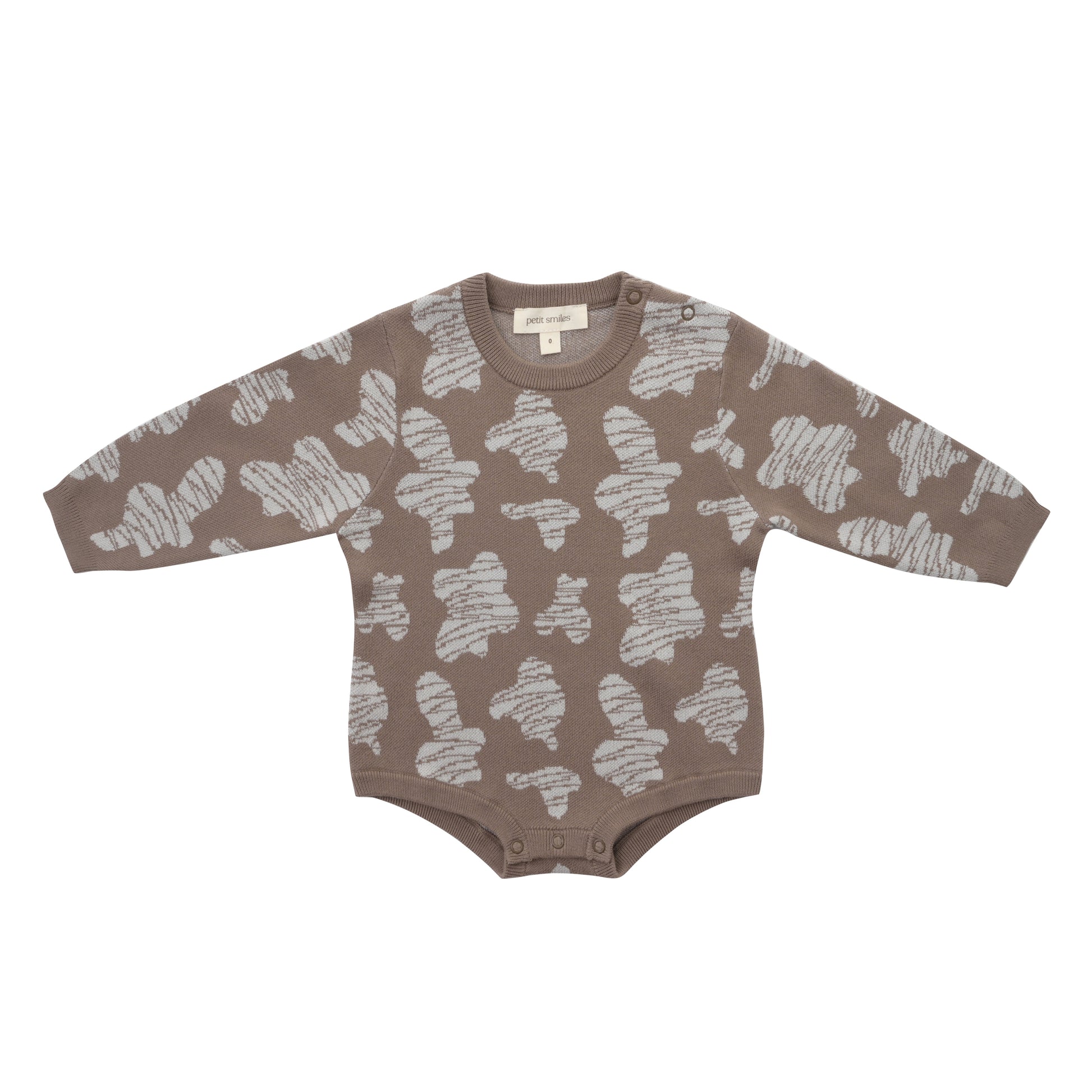 KNITTED SPOTS ROMPER WITH BLOOMERS - CHOCO; 100% Organic Cotton; Jacquard Romper made from GOTS-certified organic cotton; 'CHOCO SPOTS' Jacquard pattern; Rib hem at neck, cuffs and leg opening; Features convenient press snaps at the crotch for effortless dressing; Oversized fit.
